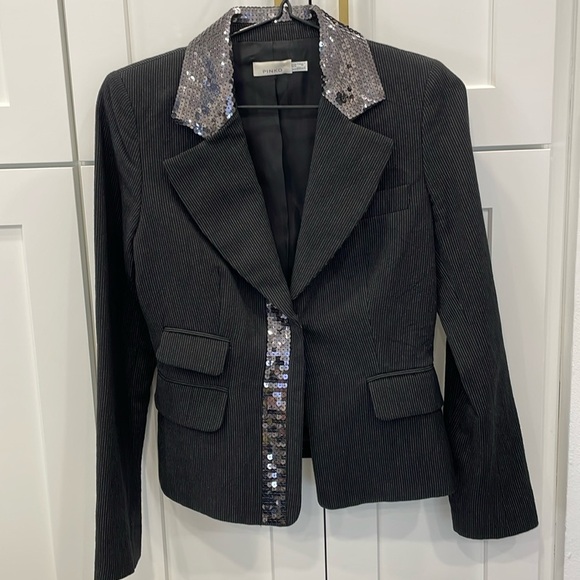 Pinko Black Pinstripe Blazer with Asymmetrical Sequin Detail - Picture 1 of 11